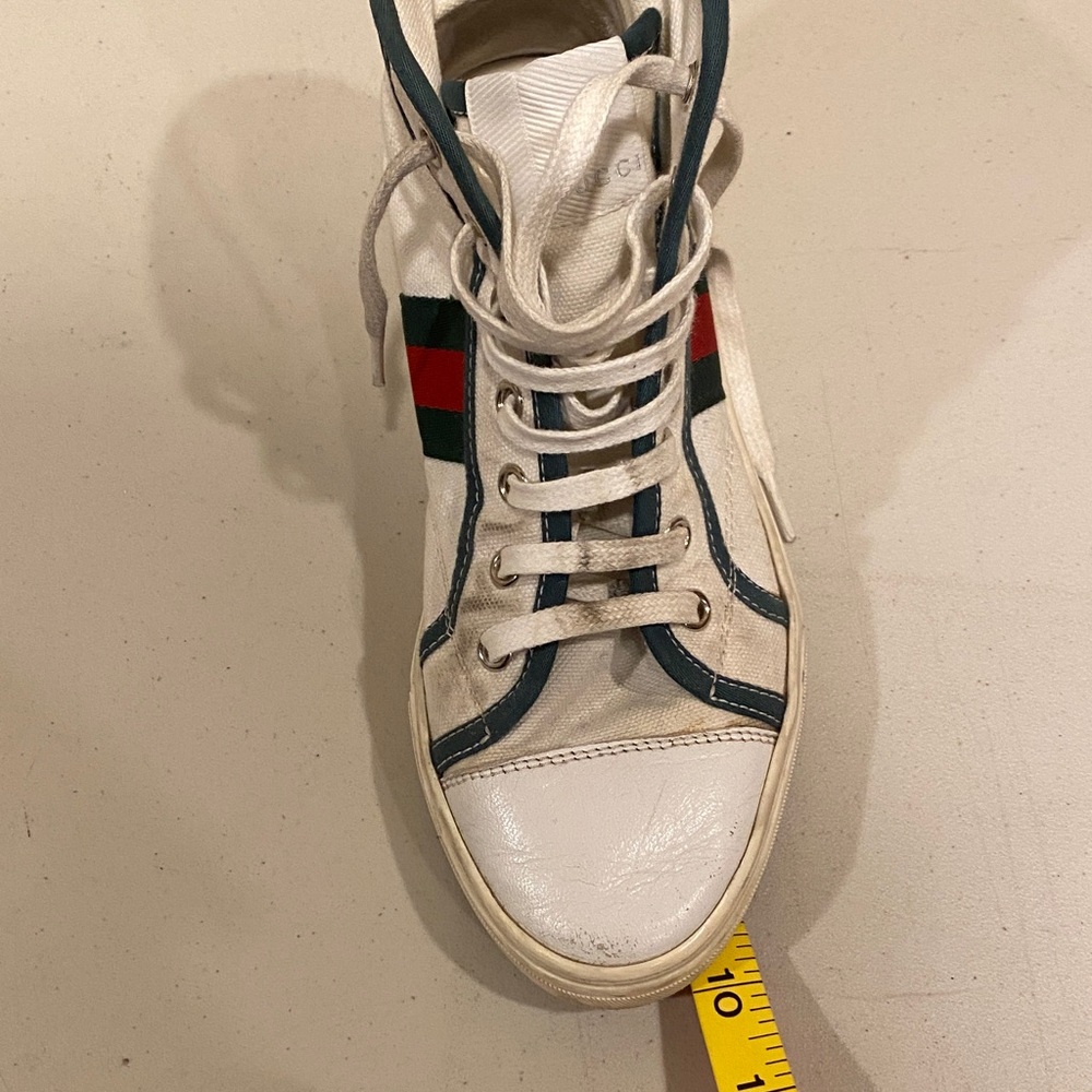 GUCCI White High-Top Sneakers with signature leather toe -Red and Green Stripes - Picture 7 of 11